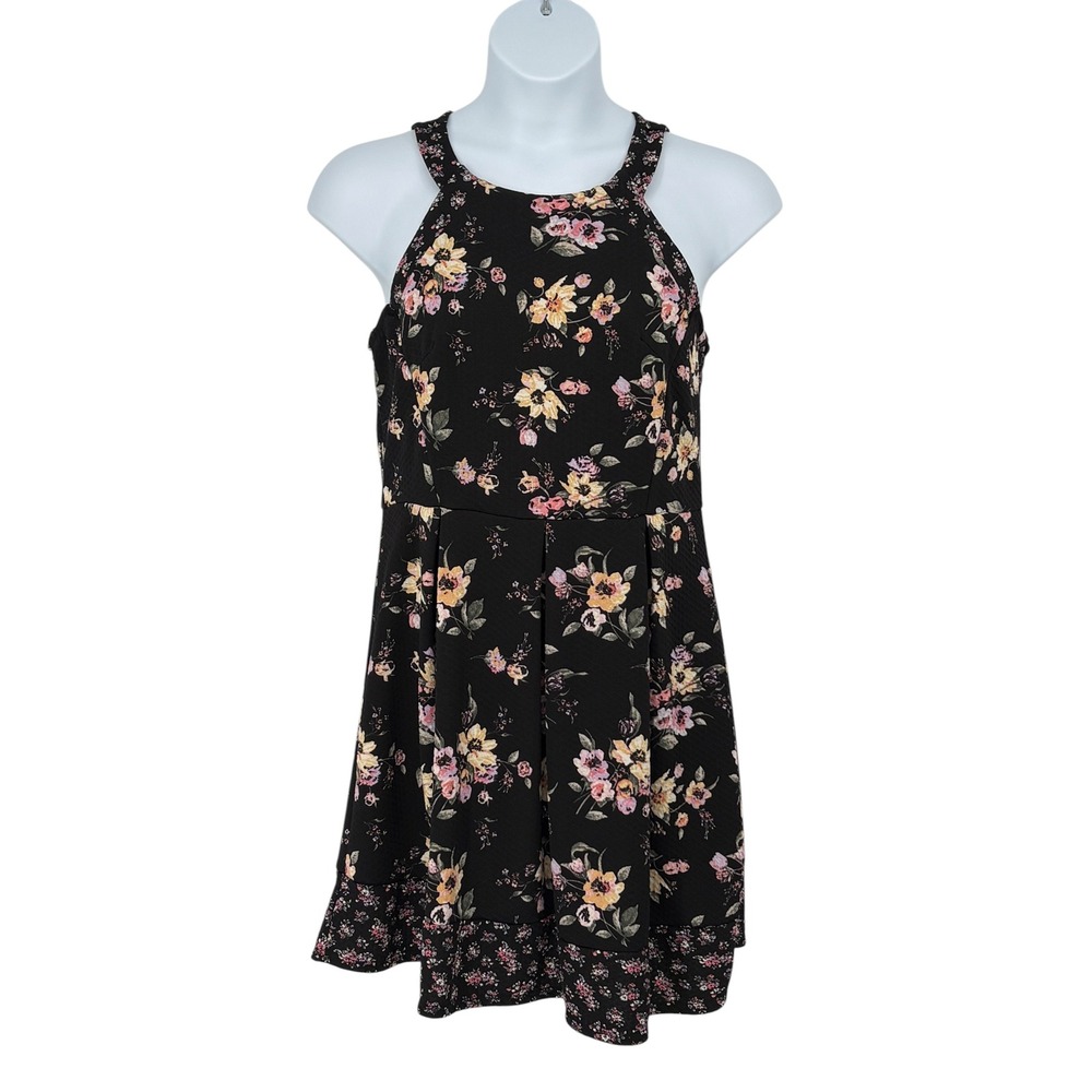 Rewind Halter Dress Black Floral Keyhole Back‎ Textured XL